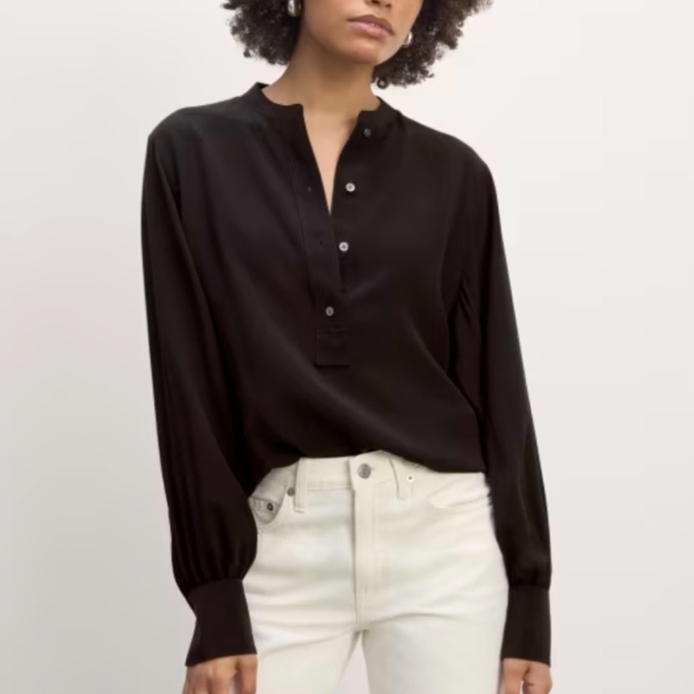 Everlane Washable Silk Henley Shirt Blouse size 0 XS Black $150